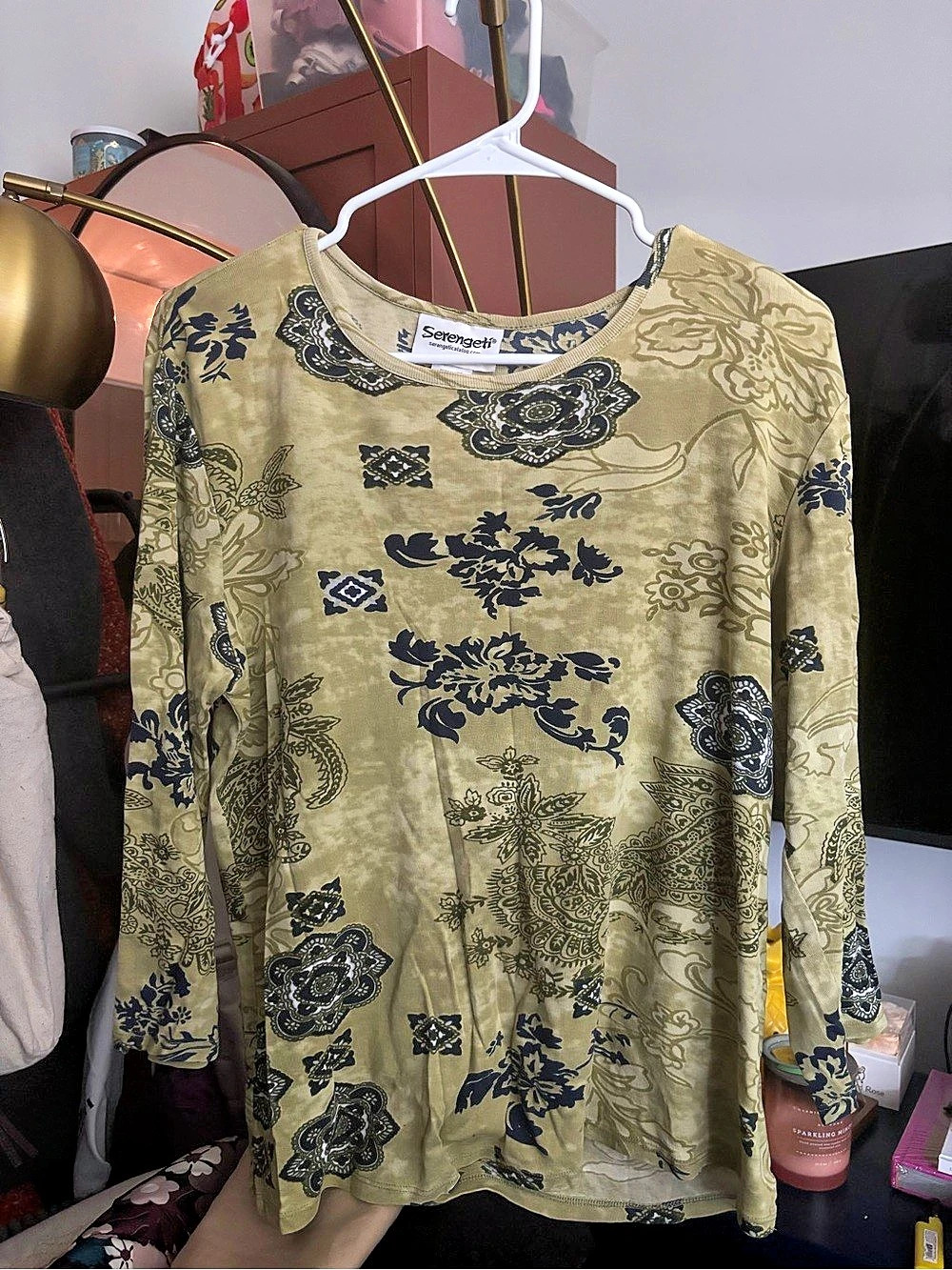 Serengeti Paisley Long Sleeve Cotton Top in Green & Blue Size Medium